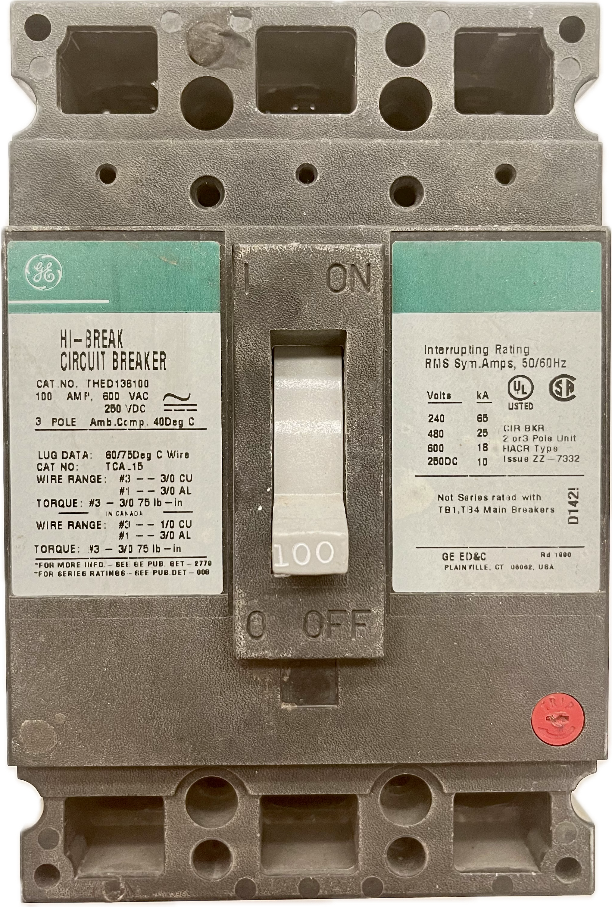 Featured image for “THED136100WL Interruptor 3P 100A 600V GE”